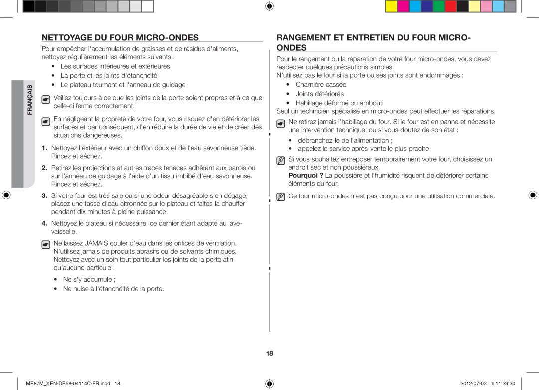 Samsung ME87M/XEN manual Nettoyage DU Four MICRO-ONDES, Rangement ET Entretien DU Four MICRO- Ondes 