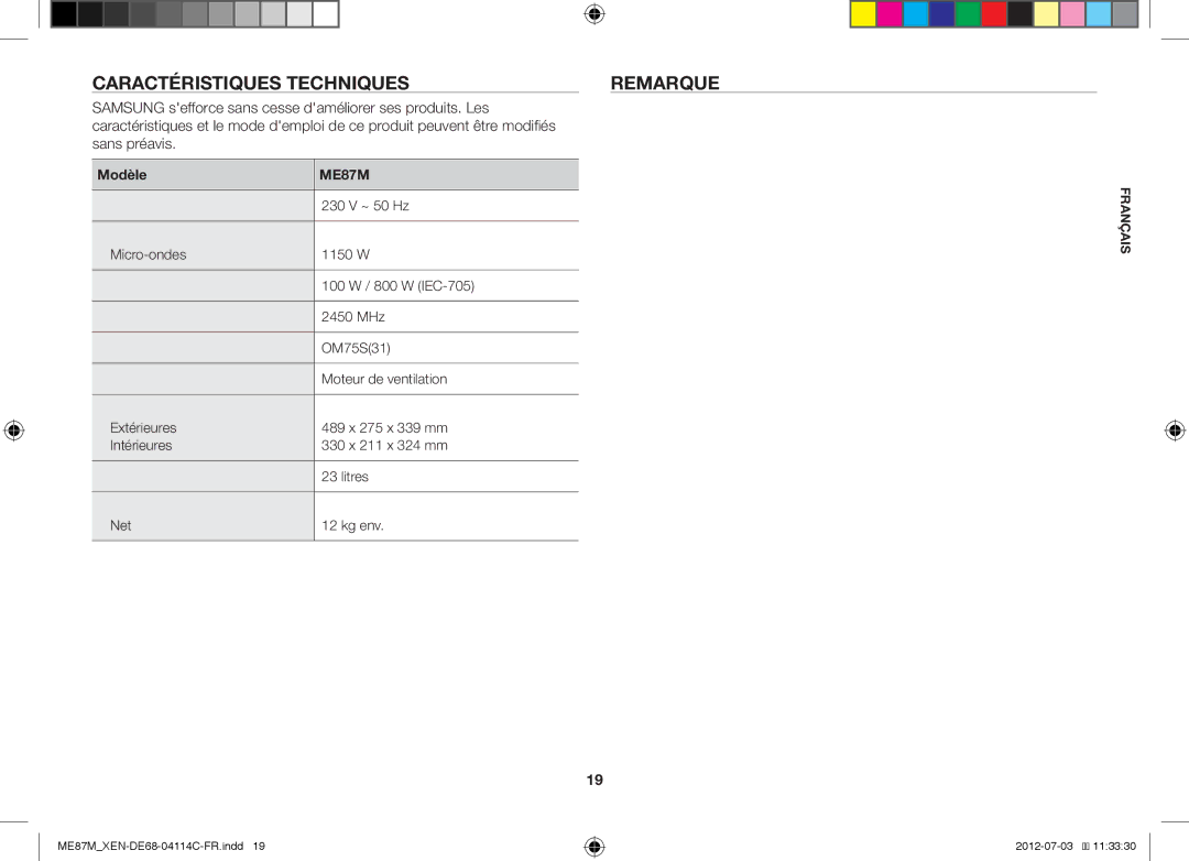 Samsung ME87M/XEN manual Caractéristiques Techniques Remarque, Modèle 