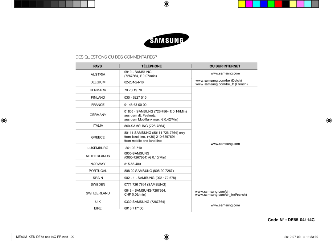 Samsung ME87M/XEN manual Code N DE68-04114C, Austria 