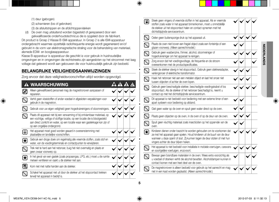 Samsung ME87M/XEN manual Belangrijke Veiligheidsaanwijzingen, Kom niet met natte handen aan de stekker 