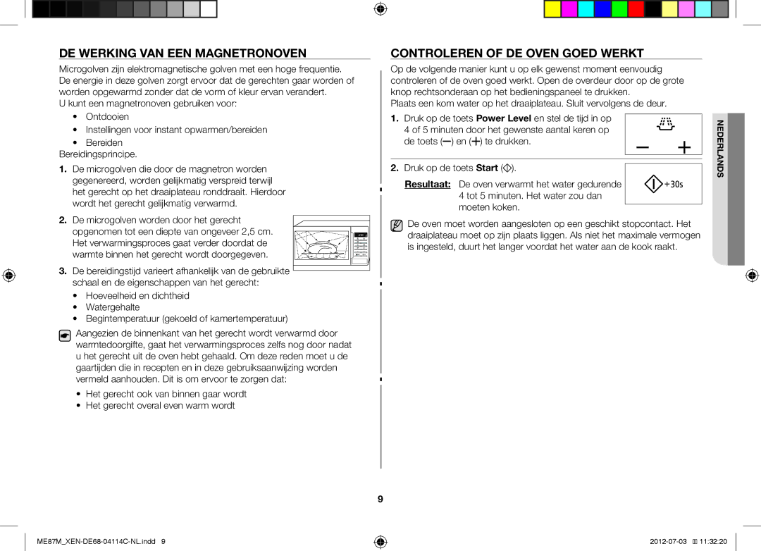 Samsung ME87M/XEN DE Werking VAN EEN Magnetronoven, Controleren of DE Oven Goed Werkt, Te drukken Druk op de toets Start 