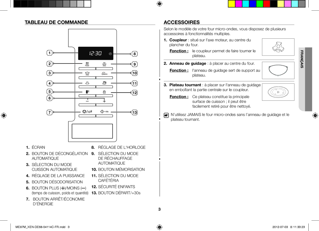 Samsung ME87M/XEN manual Tableau DE Commande Accessoires, Plateau, Bouton DÉPART/+30s 