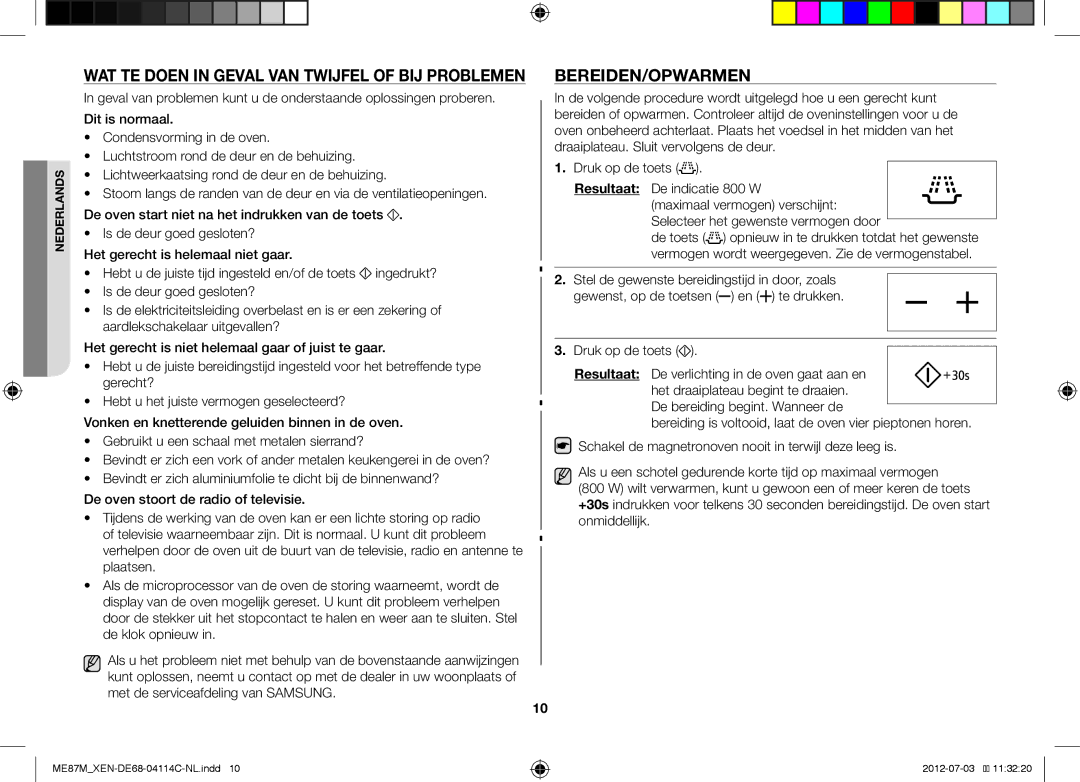 Samsung ME87M/XEN manual Bereiden/Opwarmen, WAT TE Doen in Geval VAN Twijfel of BIJ Problemen 