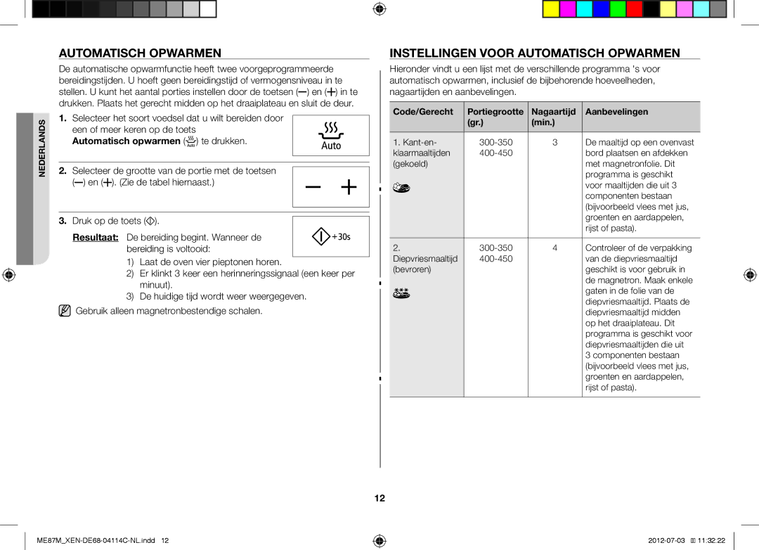 Samsung ME87M/XEN manual Instellingen Voor Automatisch Opwarmen, Selecteer het soort voedsel dat u wilt bereiden door 