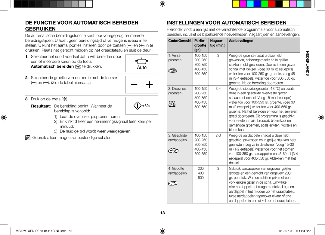 Samsung ME87M/XEN manual DE Functie Voor Automatisch Bereiden Gebruiken, Instellingen Voor Automatisch Bereiden 