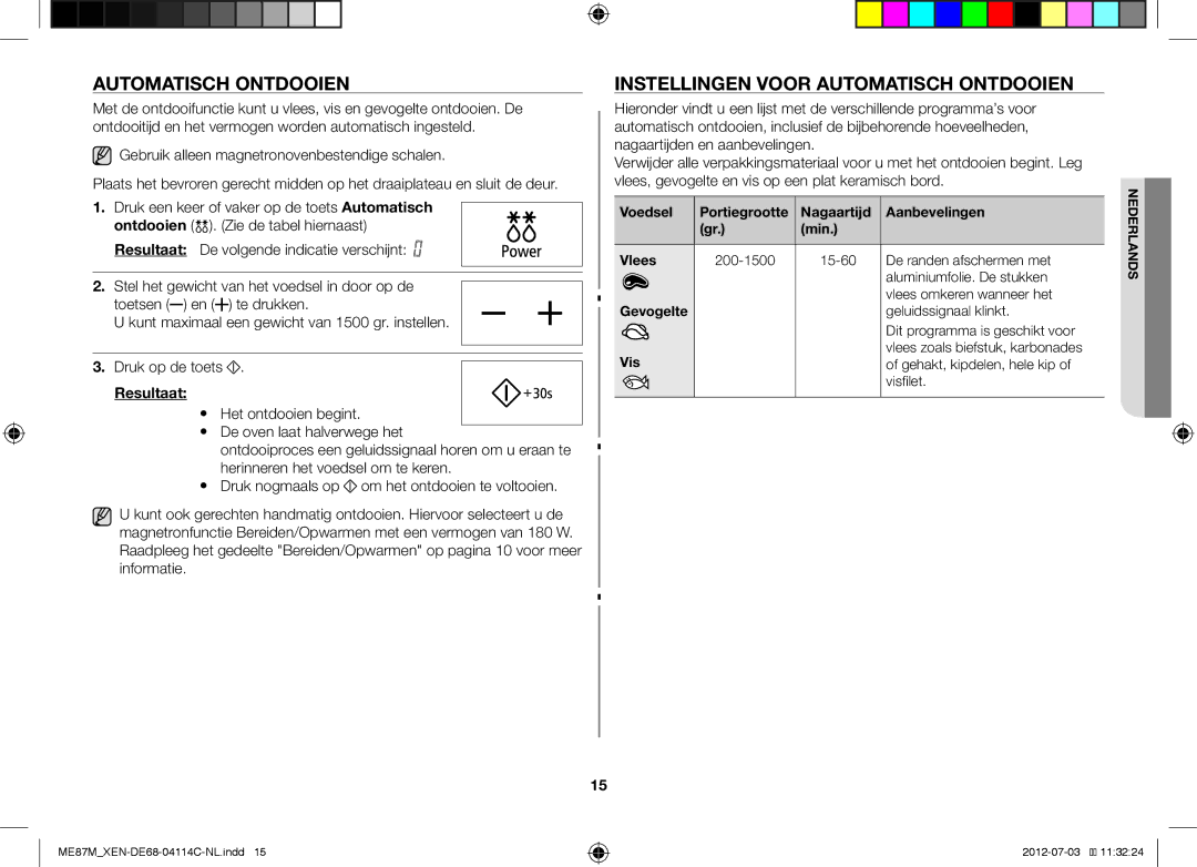 Samsung ME87M/XEN manual Instellingen Voor Automatisch Ontdooien, Resultaat, Visfilet 