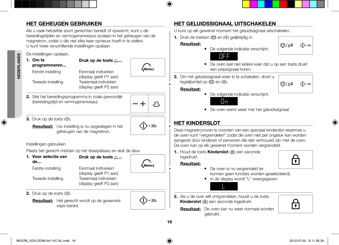 Samsung ME87M/XEN manual HET Geheugen Gebruiken, HET Geluidssignaal Uitschakelen, HET Kinderslot 