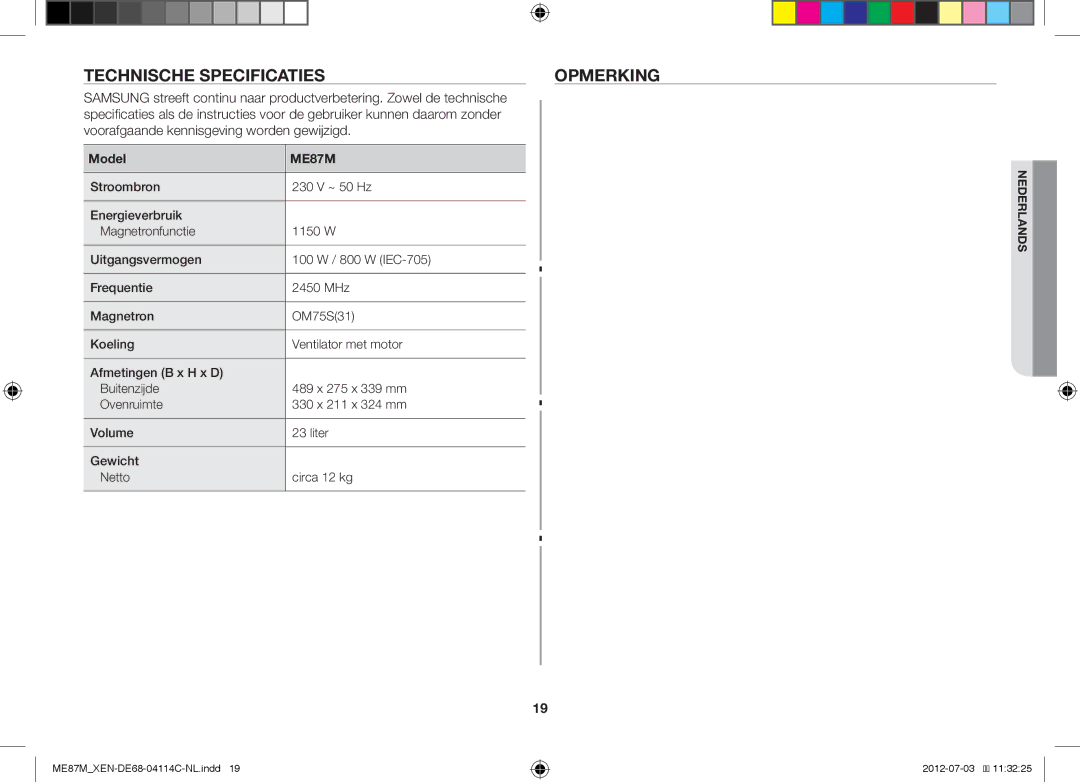 Samsung ME87M/XEN manual Technische Specificaties Opmerking, Model 