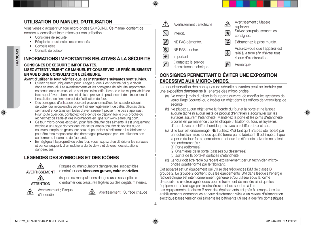 Samsung ME87M/XEN manual Utilisation DU Manuel Dutilisation, Informations Importantes Relatives À LA Sécurité, Remarque 