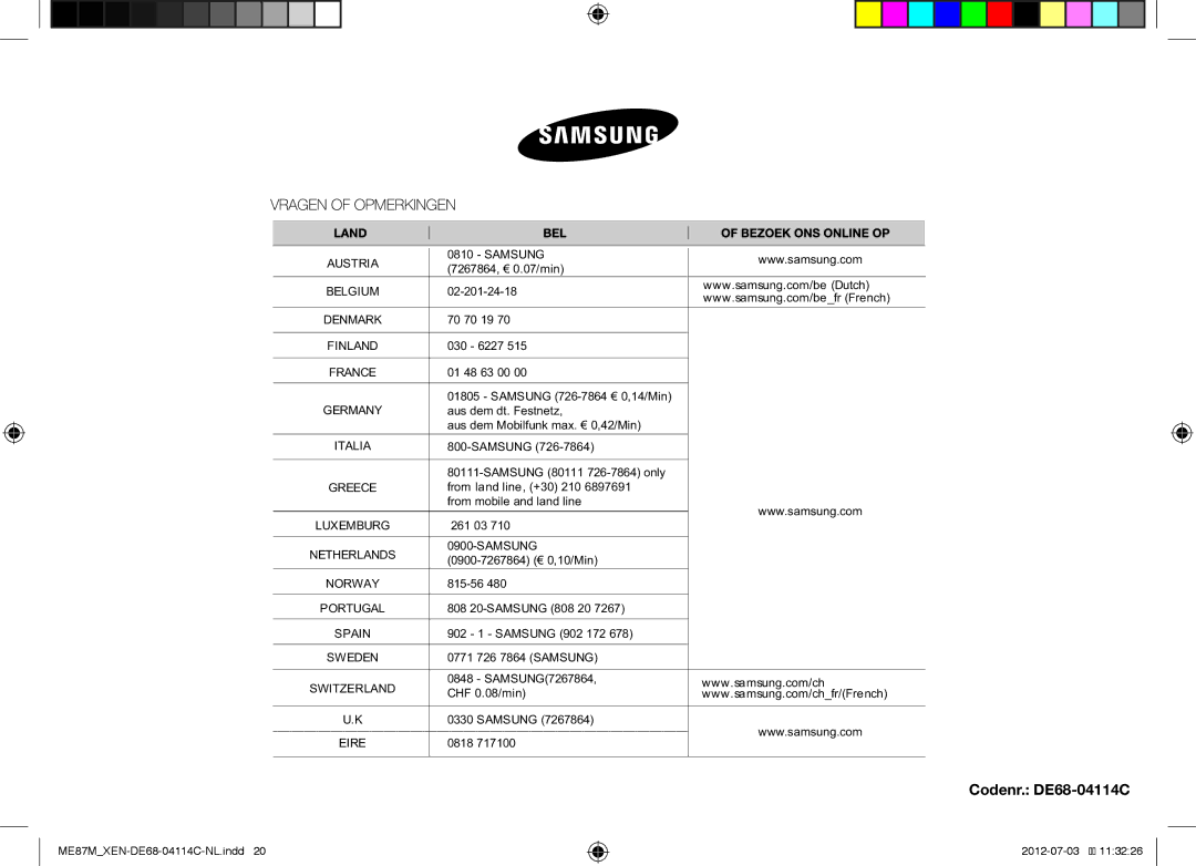 Samsung ME87M/XEN manual Codenr. DE68-04114C 