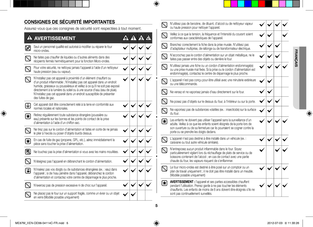 Samsung ME87M/XEN manual Consignes DE Sécurité Importantes, Nexercez pas de pression excessive ni de choc sur lappareil 