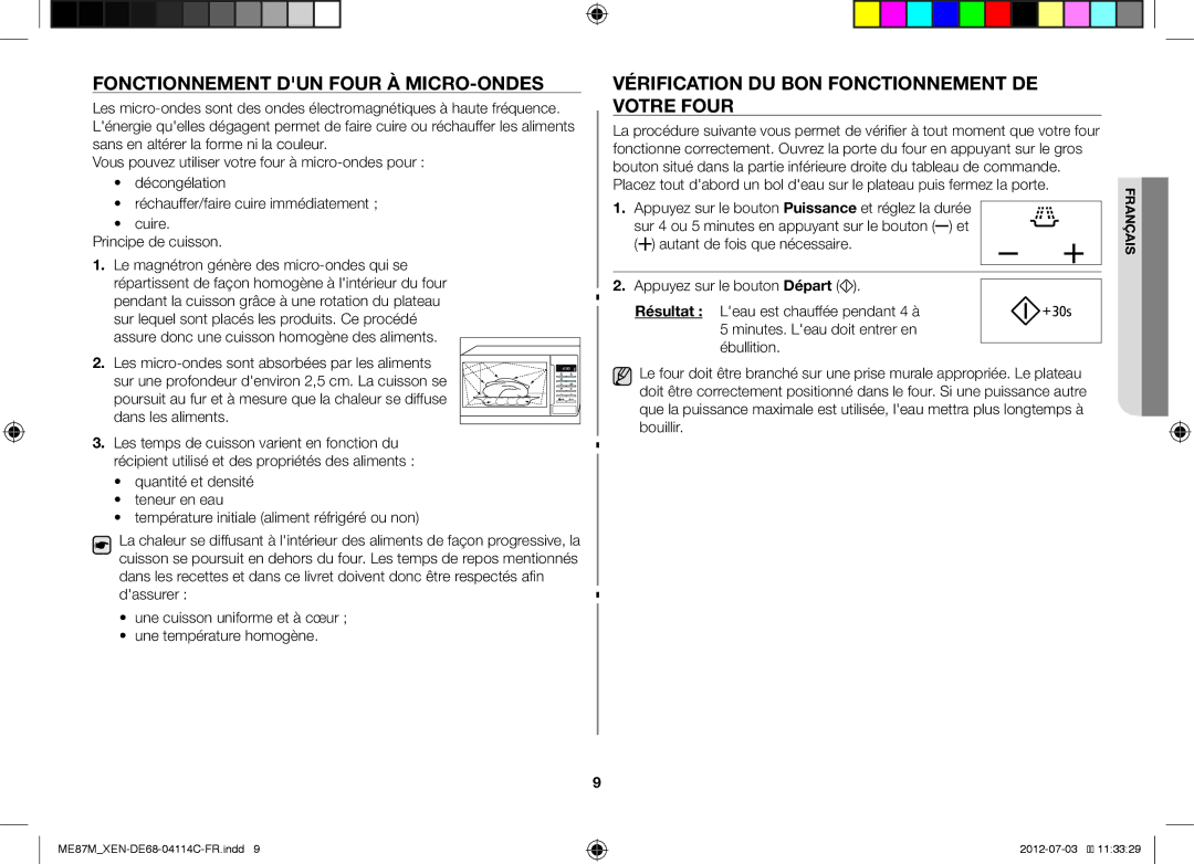 Samsung ME87M/XEN manual Fonctionnement DUN Four À MICRO-ONDES, Vérification DU BON Fonctionnement DE Votre Four 