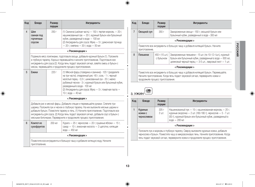 Samsung ME88SSTR/BWT manual Ужин 