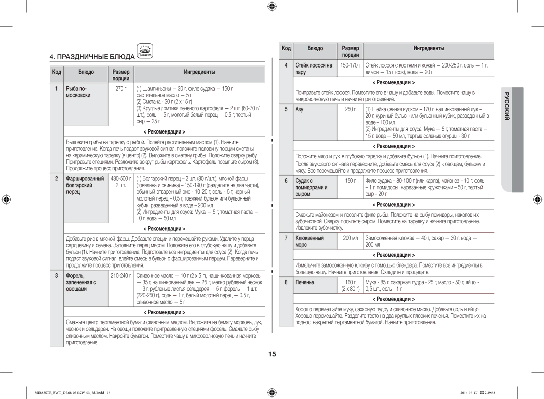 Samsung ME88SSTR/BWT manual Праздничные Блюда 