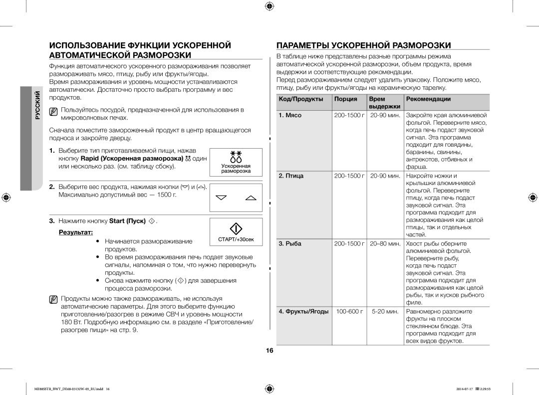 Samsung ME88SSTR/BWT manual Использование Функции Ускоренной Автоматической Разморозки, Параметры Ускоренной Разморозки 