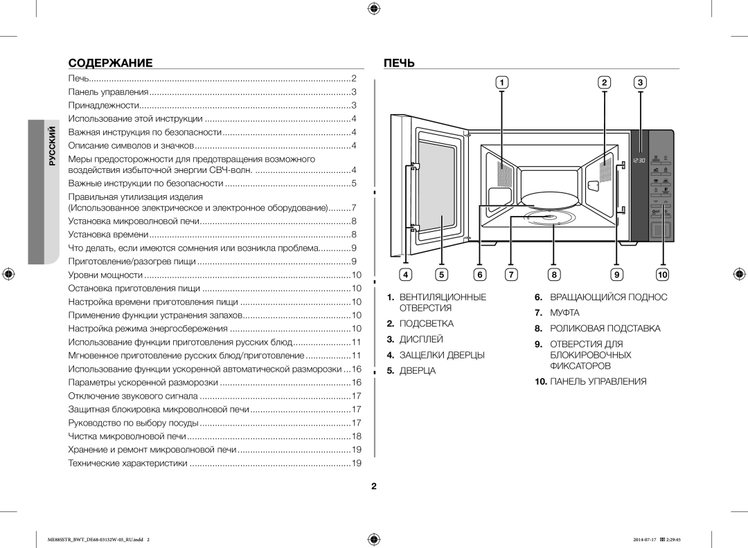 Samsung ME88SSTR/BWT manual Содержание, Печь, Вентиляционные, Панель Управления 