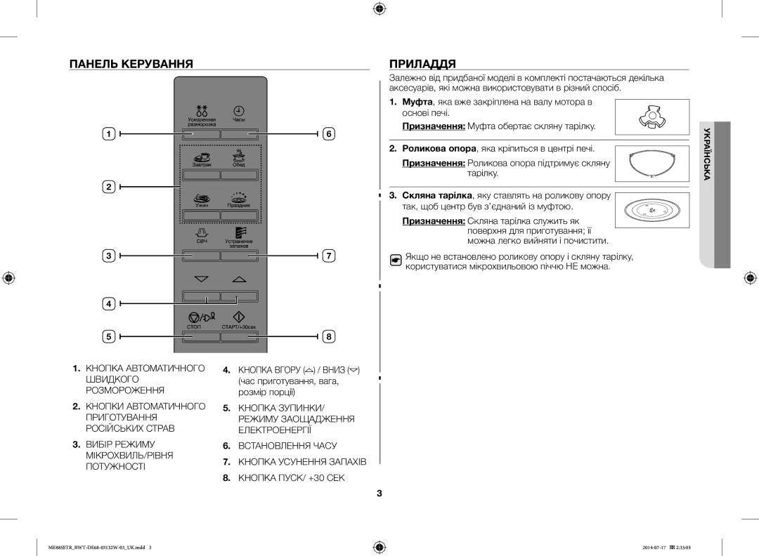 Samsung ME88SSTR/BWT manual Панель Керування Приладдя, Вибір Режиму МІКРОХВИЛЬ/РІВНЯ Потужності 