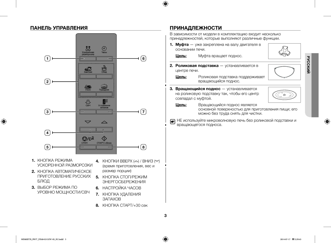 Samsung ME88SSTR/BWT manual Панель Управления Принадлежности, Роликовая подставка устанавливается в центре печи 