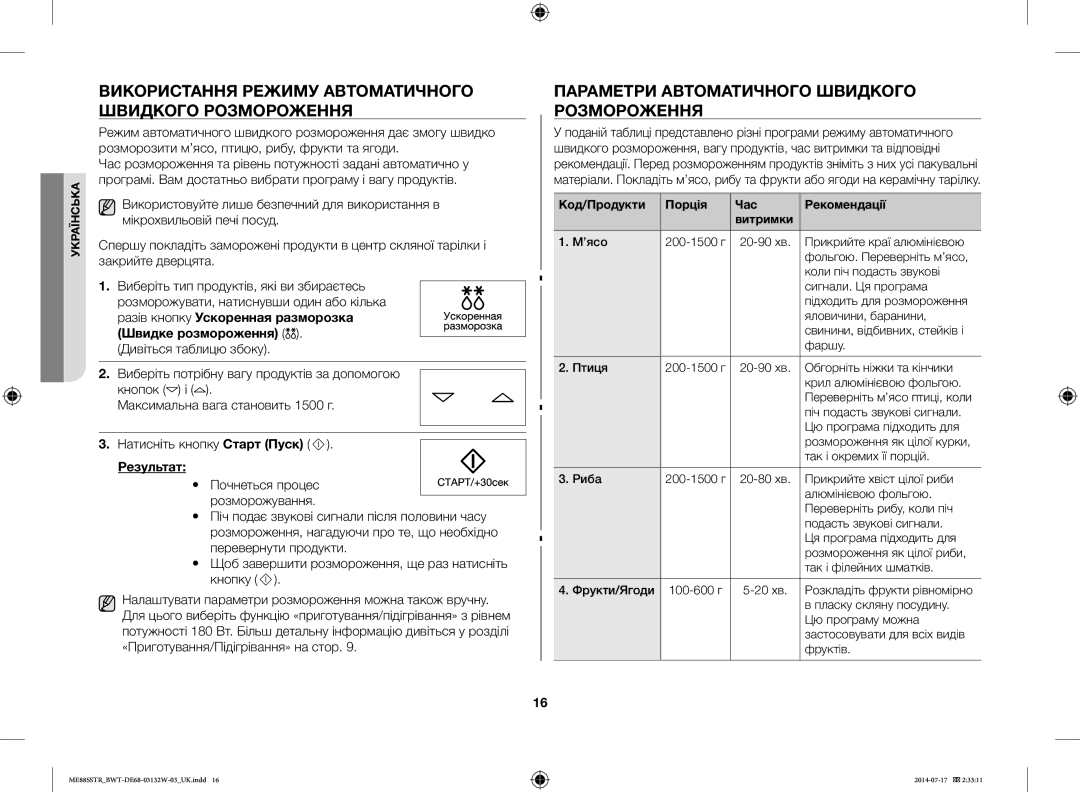 Samsung ME88SSTR/BWT manual Використання Режиму Автоматичного Швидкого Розмороження, Разів кнопку Ускоренная разморозка 