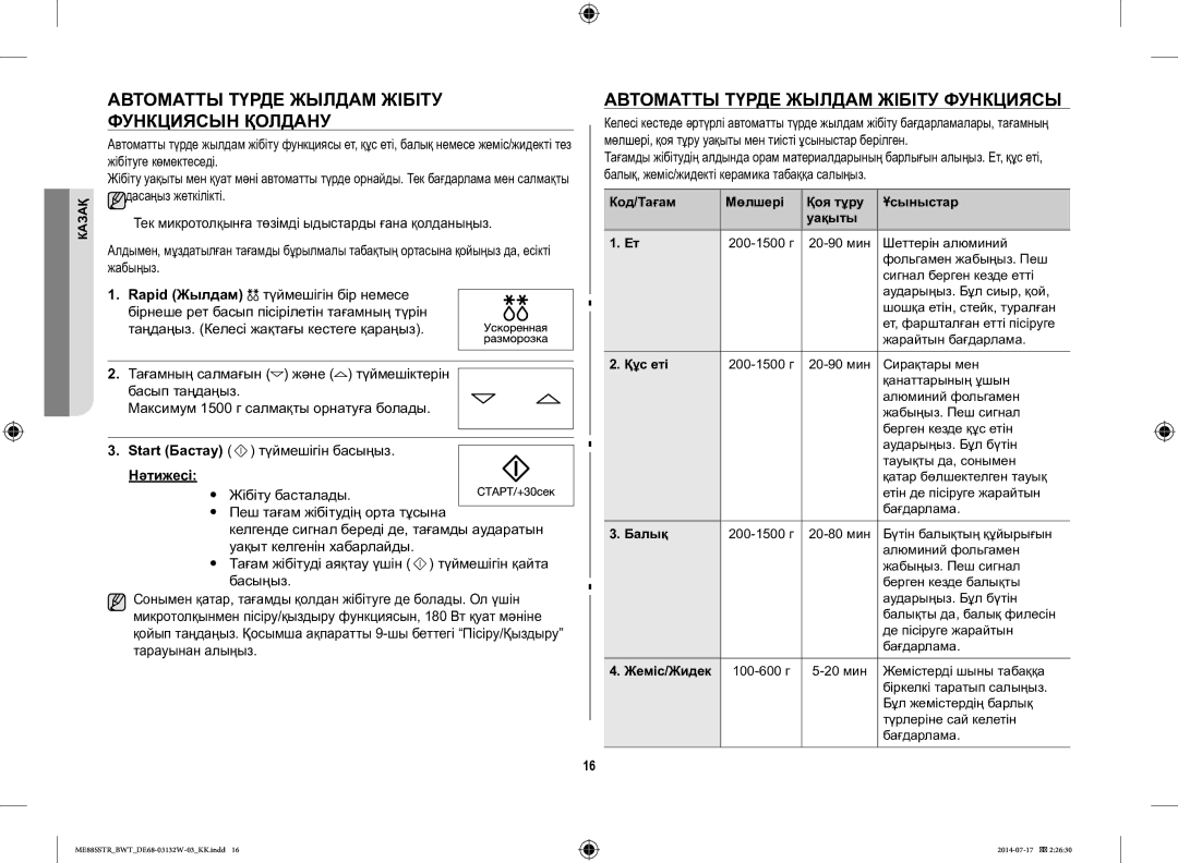 Samsung ME88SSTR/BWT manual Автоматты Түрде Жылдам Жібіту Функциясын Қолдану, Нәтижесі 