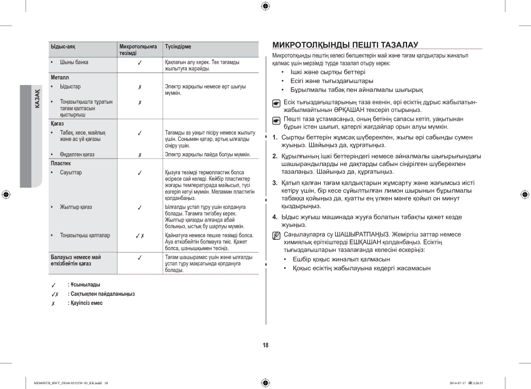 Samsung ME88SSTR/BWT manual Микротолқынды Пешті Тазалау 