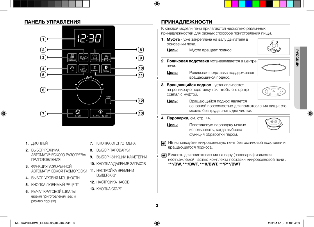 Samsung ME89APSR/BWT manual Панель Управления, Принадлежности, Время приготовления, вес и размер порции, Пароварка, см. стр 