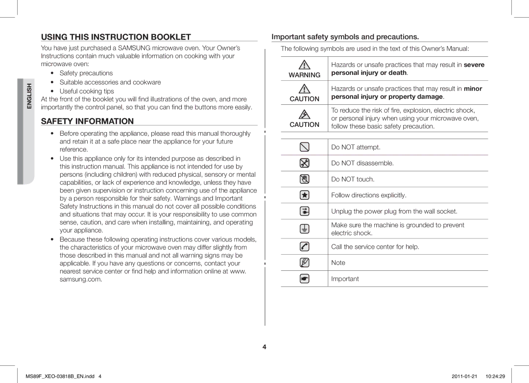 Samsung ME89F-1S/XEO manual Using this Instruction Booklet, Safety Information, Important safety symbols and precautions 