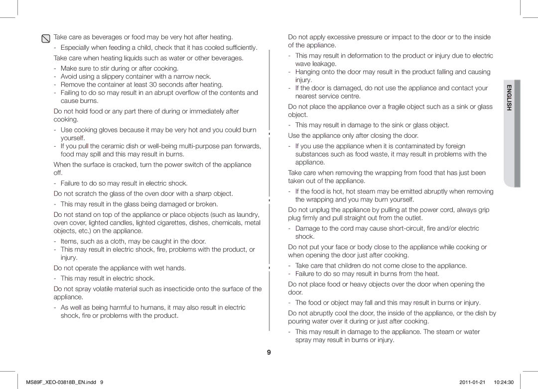 Samsung ME89F-1S/XEO manual Take care as beverages or food may be very hot after heating 