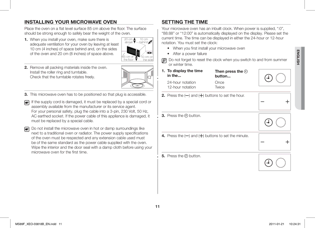 Samsung ME89F-1S/XEO manual Installing Your Microwave Oven, Setting the Time, Then press Button, Hour notation Once Twice 