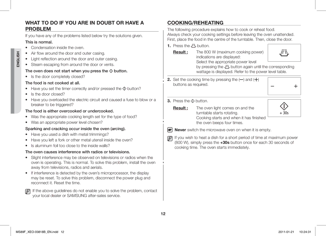 Samsung ME89F-1S/XEO manual What to do if YOU are in Doubt or have a Problem, Cooking/Reheating 