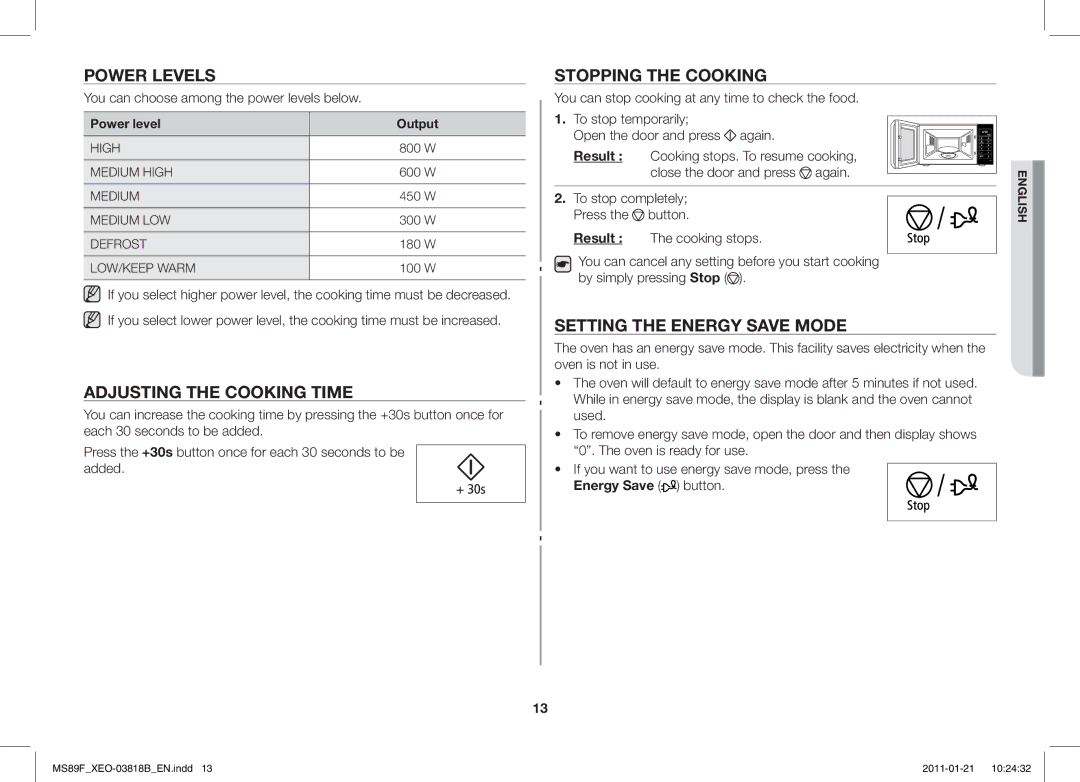 Samsung ME89F-1S/XEO manual Power Levels, Adjusting the Cooking Time, Stopping the Cooking, Setting the Energy Save Mode 