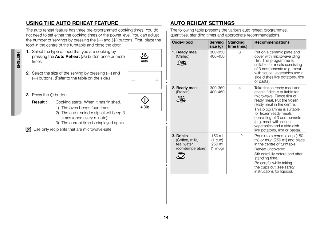 Samsung ME89F-1S/XEO manual Using the Auto Reheat Feature, Auto Reheat Settings 