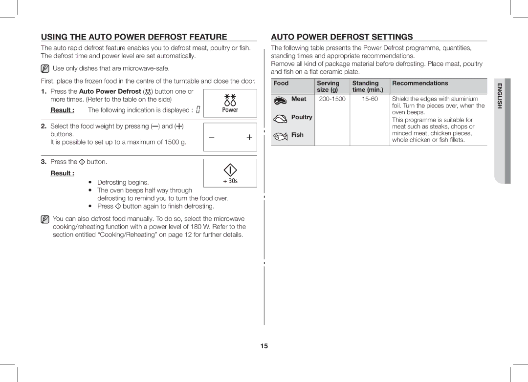 Samsung ME89F-1S/XEO manual Using the Auto Power Defrost Feature, Auto Power Defrost Settings, Result 