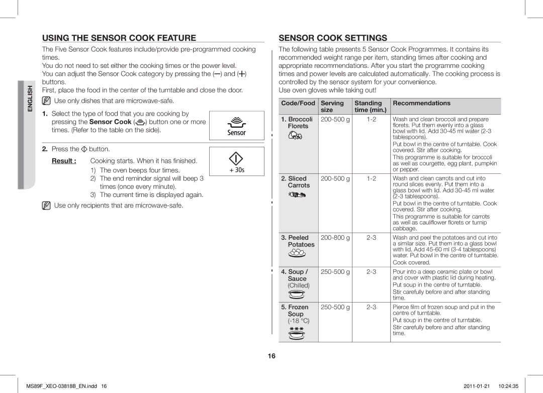 Samsung ME89F-1S/XEO Using the Sensor Cook Feature, Sensor Cook Settings, Code/Food Serving Standing Recommendations Size 