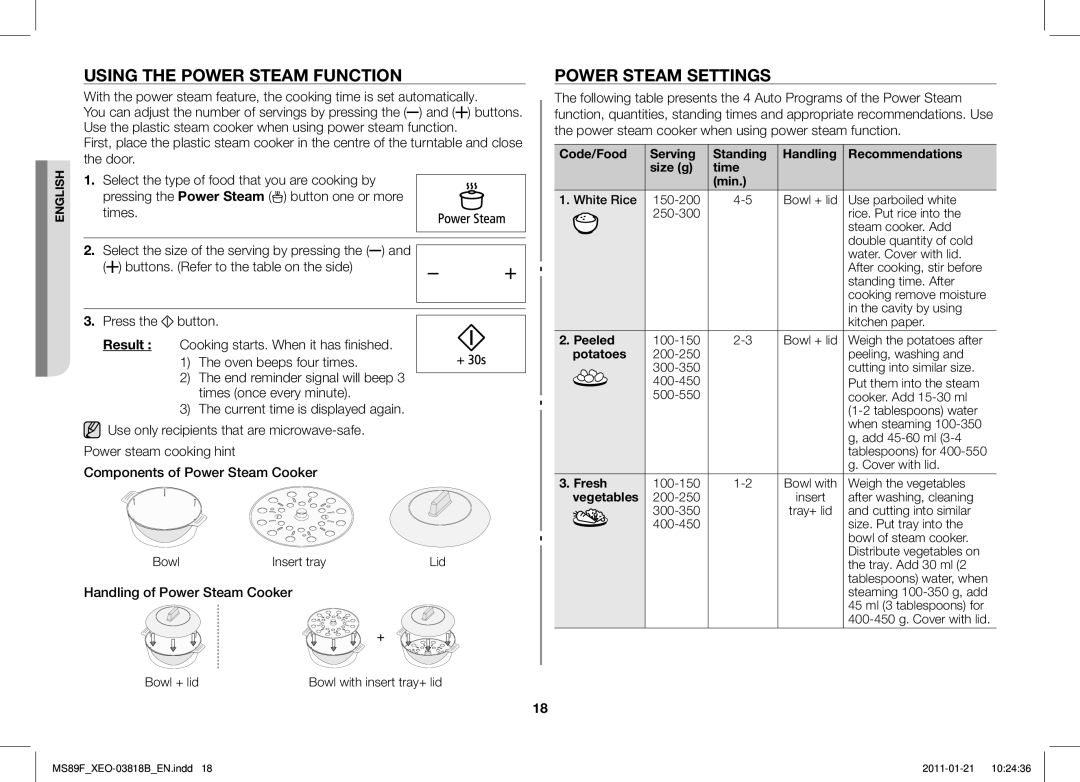 Samsung ME89F-1S/XEO manual Using the Power Steam Function, Power Steam Settings, Handling of Power Steam Cooker 