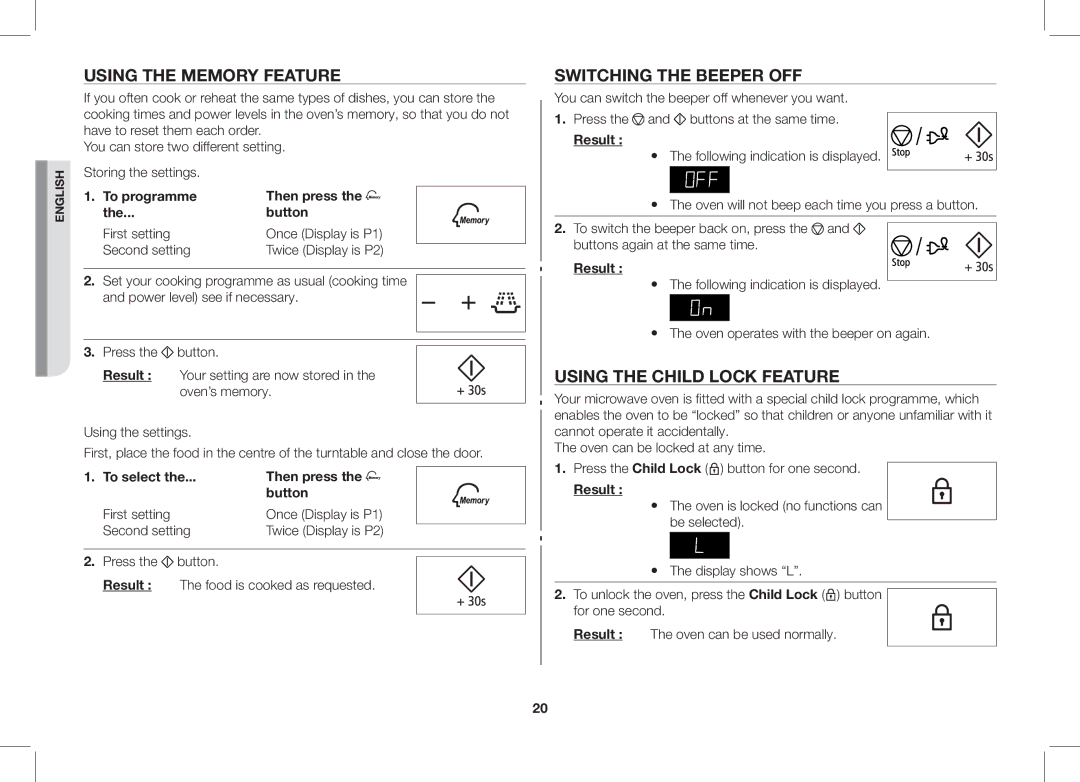 Samsung ME89F-1S/XEO Using the Memory Feature, Switching the Beeper OFF, Using the Child Lock Feature, Second setting 