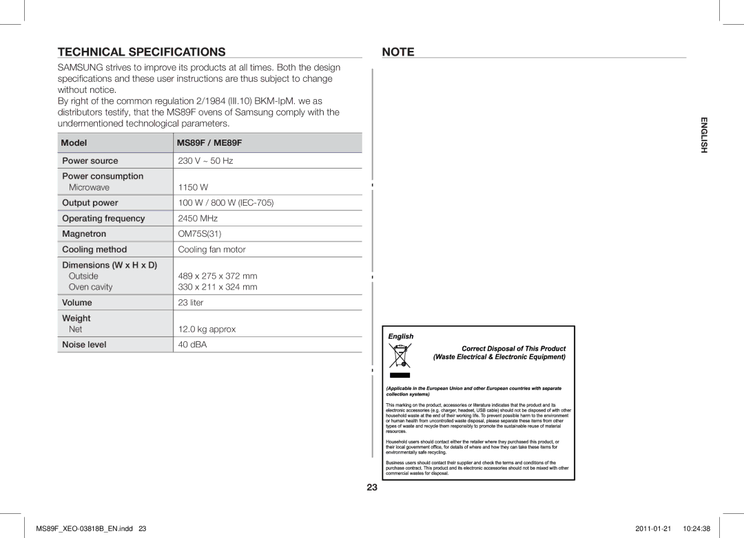 Samsung ME89F-1S/XEO manual Technical Specifications, Model MS89F / ME89F 