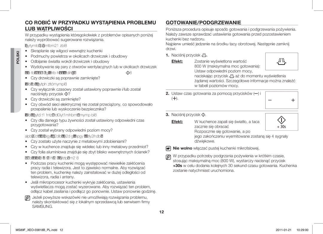 Samsung ME89F-1S/XEO manual CO Robić W Przypadku Wystąpienia Problemu LUB Wątpliwości, Gotowanie/Podgrzewanie 