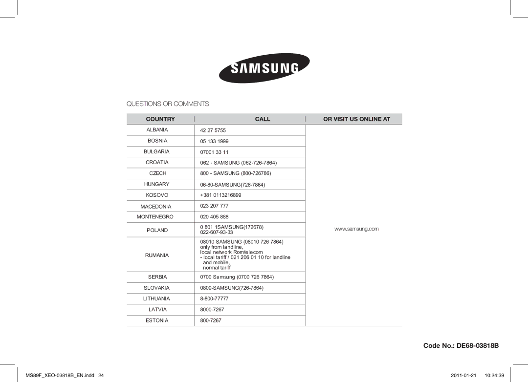 Samsung ME89F-1S/XEO manual Code No. DE68-03818B 