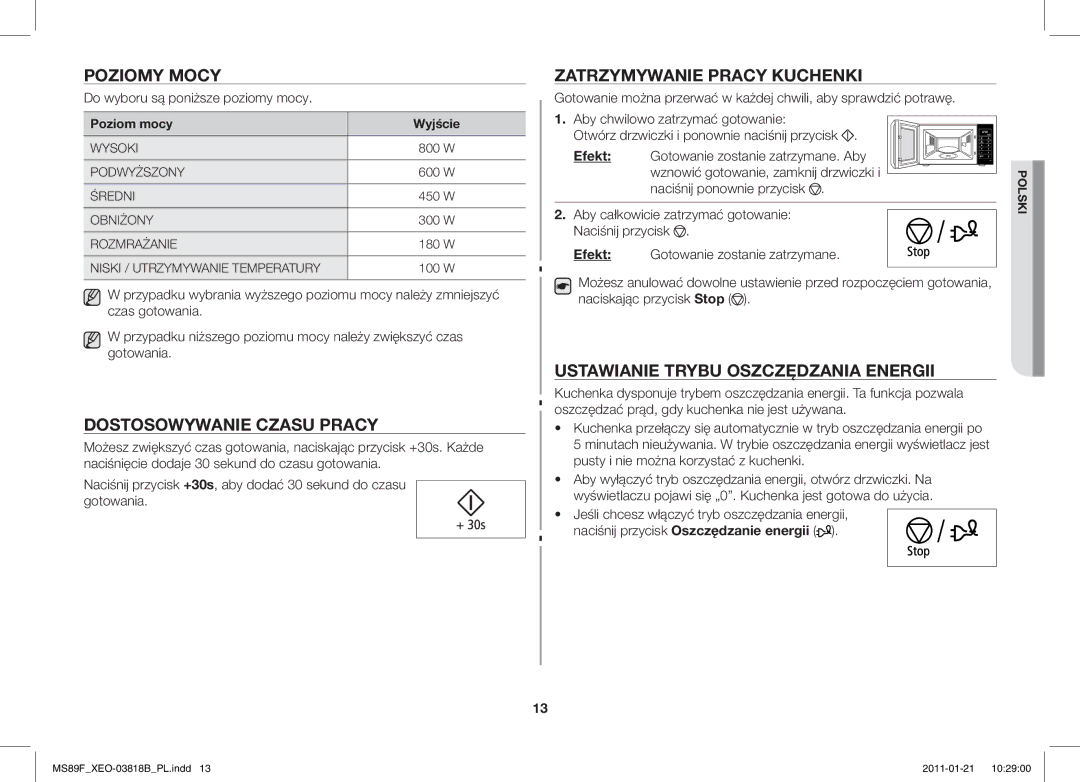 Samsung ME89F-1S/XEO manual Poziomy Mocy, Dostosowywanie Czasu Pracy, Zatrzymywanie Pracy Kuchenki 