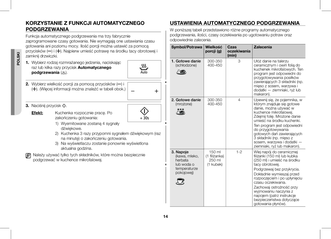 Samsung ME89F-1S/XEO manual Korzystanie Z Funkcji Automatycznego Podgrzewania, Ustawienia Automatycznego Podgrzewania 