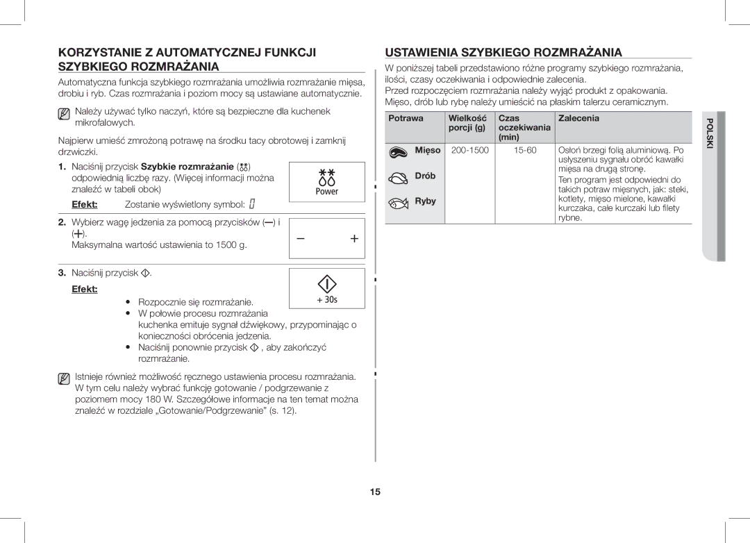 Samsung ME89F-1S/XEO Korzystanie Z Automatycznej Funkcji Szybkiego Rozmrażania, Ustawienia Szybkiego Rozmrażania, Efekt 