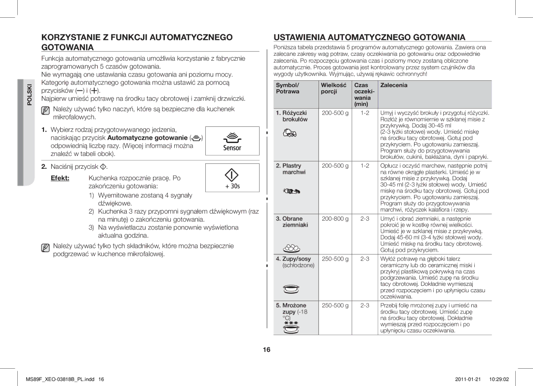 Samsung ME89F-1S/XEO manual Korzystanie Z Funkcji Automatycznego Gotowania, Ustawienia Automatycznego Gotowania 