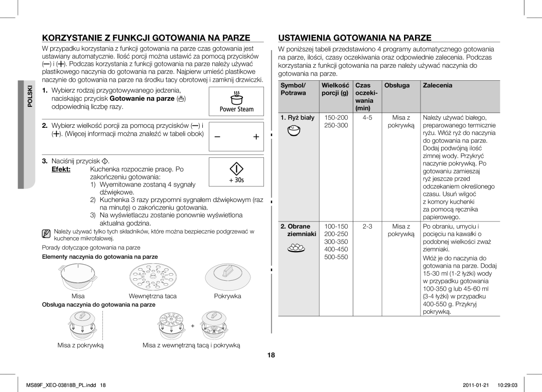 Samsung ME89F-1S/XEO manual Korzystanie Z Funkcji Gotowania NA Parze, Ustawienia Gotowania NA Parze 