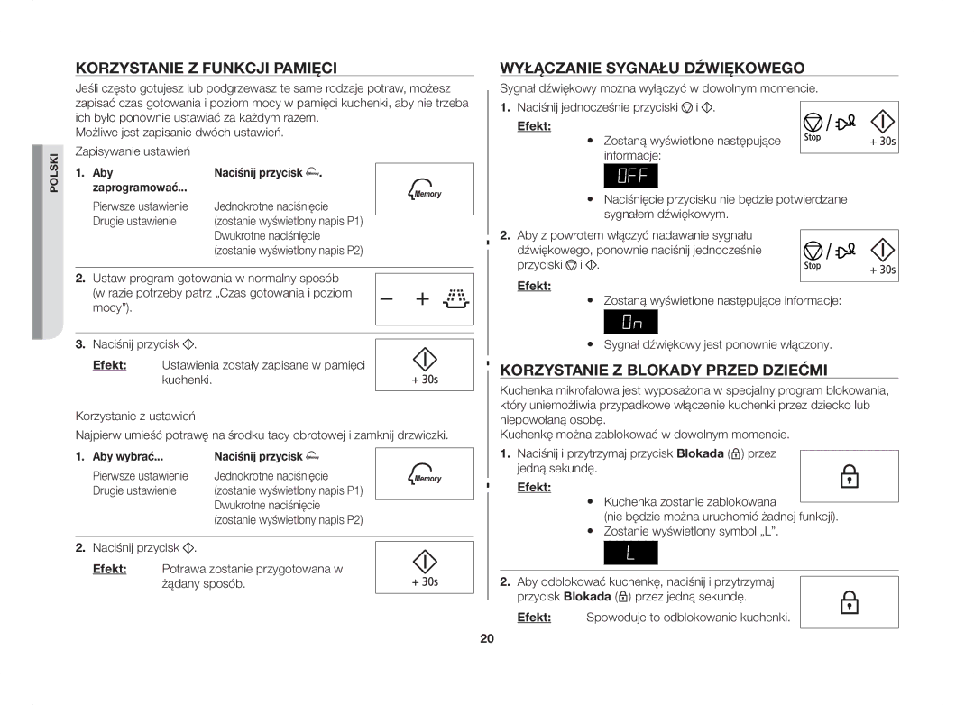 Samsung ME89F-1S/XEO Korzystanie Z Funkcji Pamięci, Wyłączanie Sygnału Dźwiękowego, Korzystanie Z Blokady Przed Dziećmi 