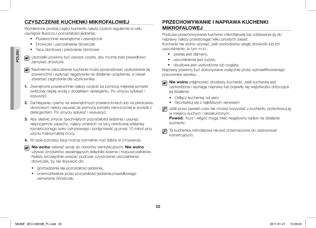 Samsung ME89F-1S/XEO manual Czyszczenie Kuchenki Mikrofalowej, Przechowywanie I Naprawa Kuchenki Mikrofalowej 