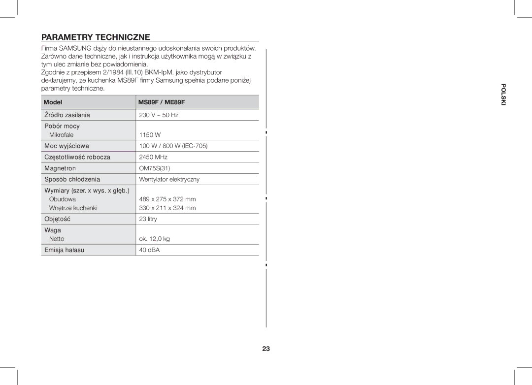 Samsung ME89F-1S/XEO manual Parametry Techniczne, Model MS89F / ME89F 