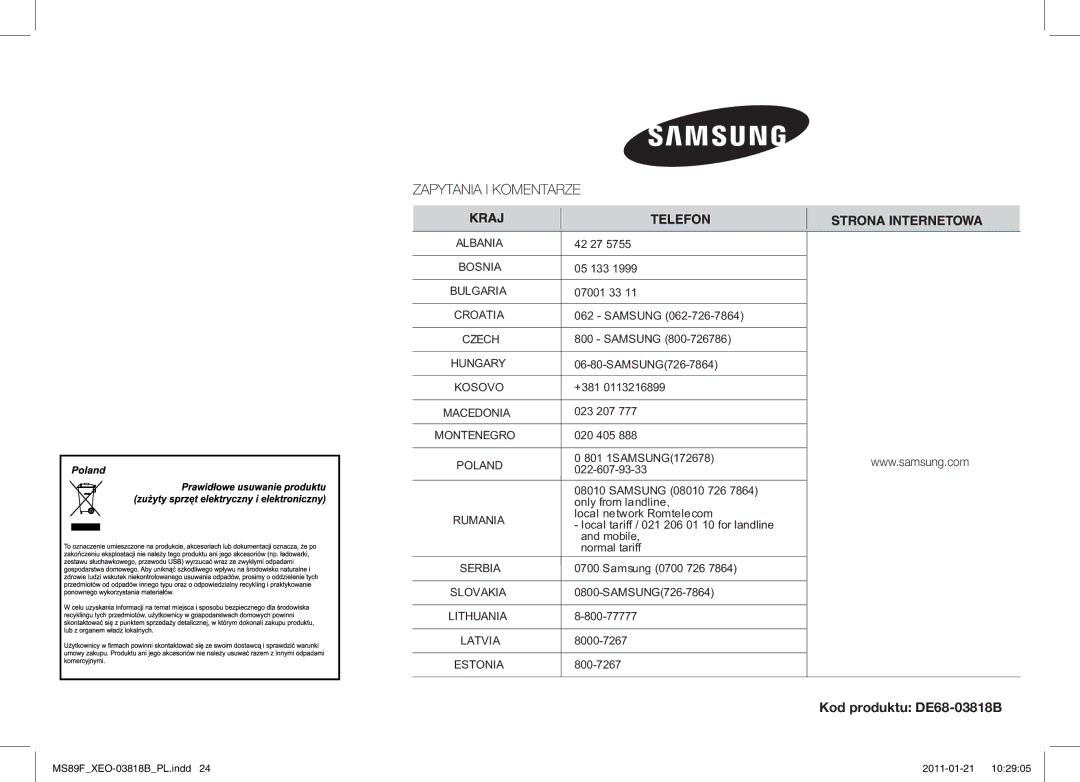 Samsung ME89F-1S/XEO manual Kod produktu DE68-03818B, Kosovo 