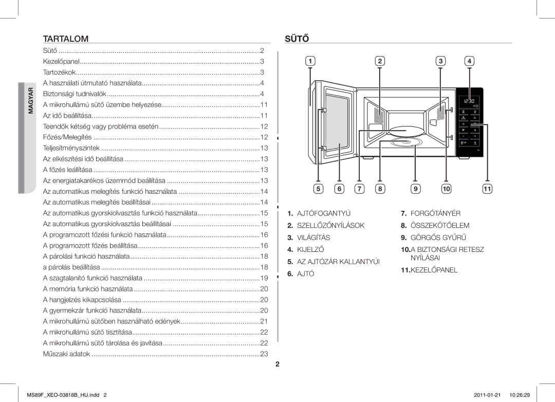 Samsung ME89F-1S/XEO manual Tartalom, Sütő 