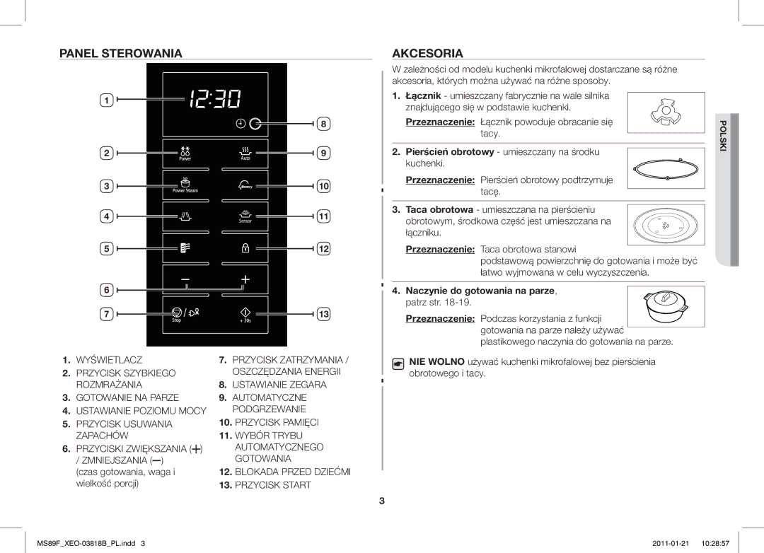 Samsung ME89F-1S/XEO manual Panel Sterowania, Akcesoria, Naczynie do gotowania na parze, patrz str 